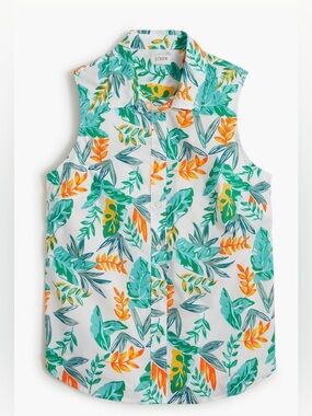 J Crew Pineapple Cotton Poplin Sleeveless Signature Fit Collard Shirt Large NWT